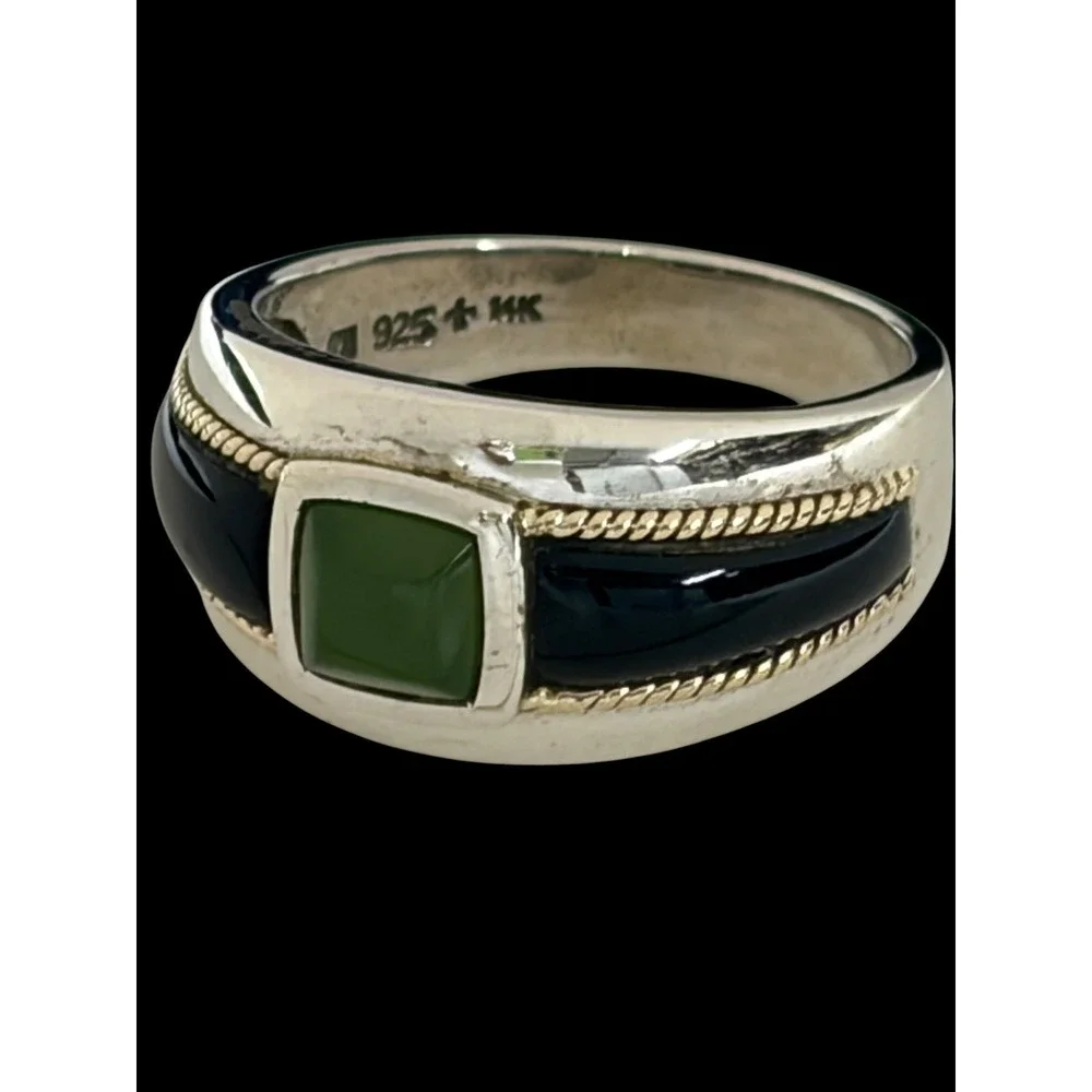 Mens 925 Sterling Silver 14K Gold Green Jade Black Onyx Ring Size 10 7.85g